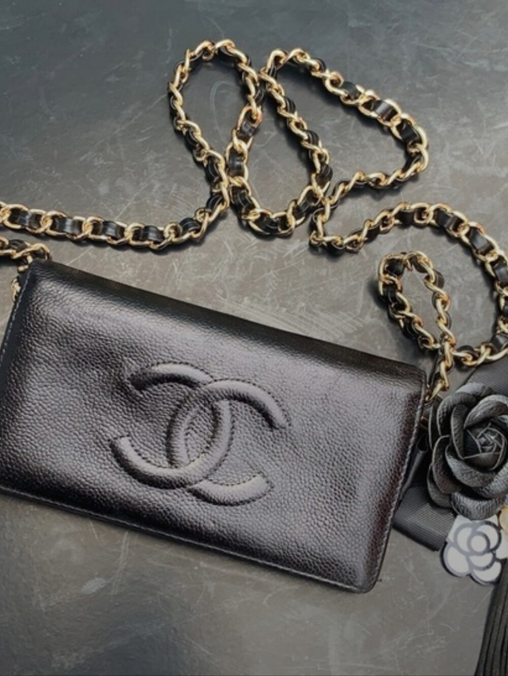 Authentic Chanel Black Quilted Leather Crossbody Wallet with Chain